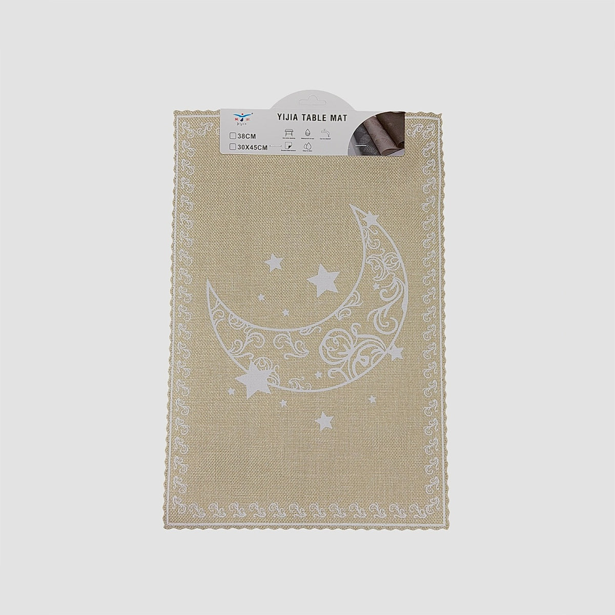 Beige table mat with white moon and star design on a light gray background