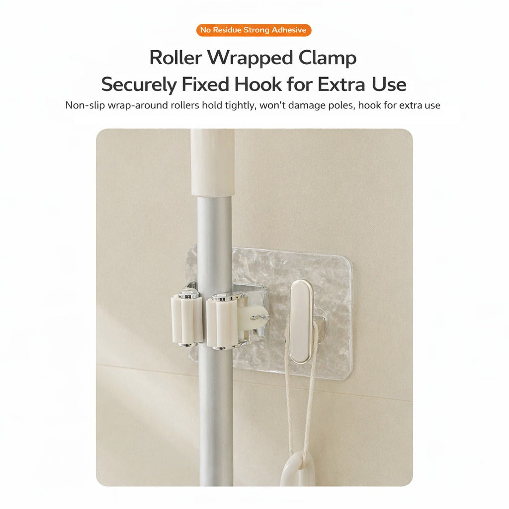 A wall-mounted mop and broom holder with a roller clamp design, featuring strong adhesive backing and an extra hook for hanging accessories, ensuring a secure, non-slip grip without damaging surfaces.