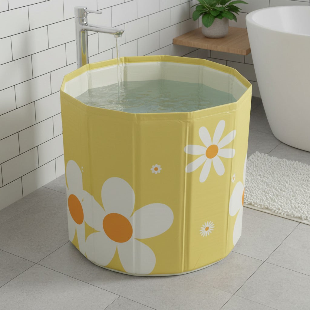 A portable adult bathtub is filled with water.