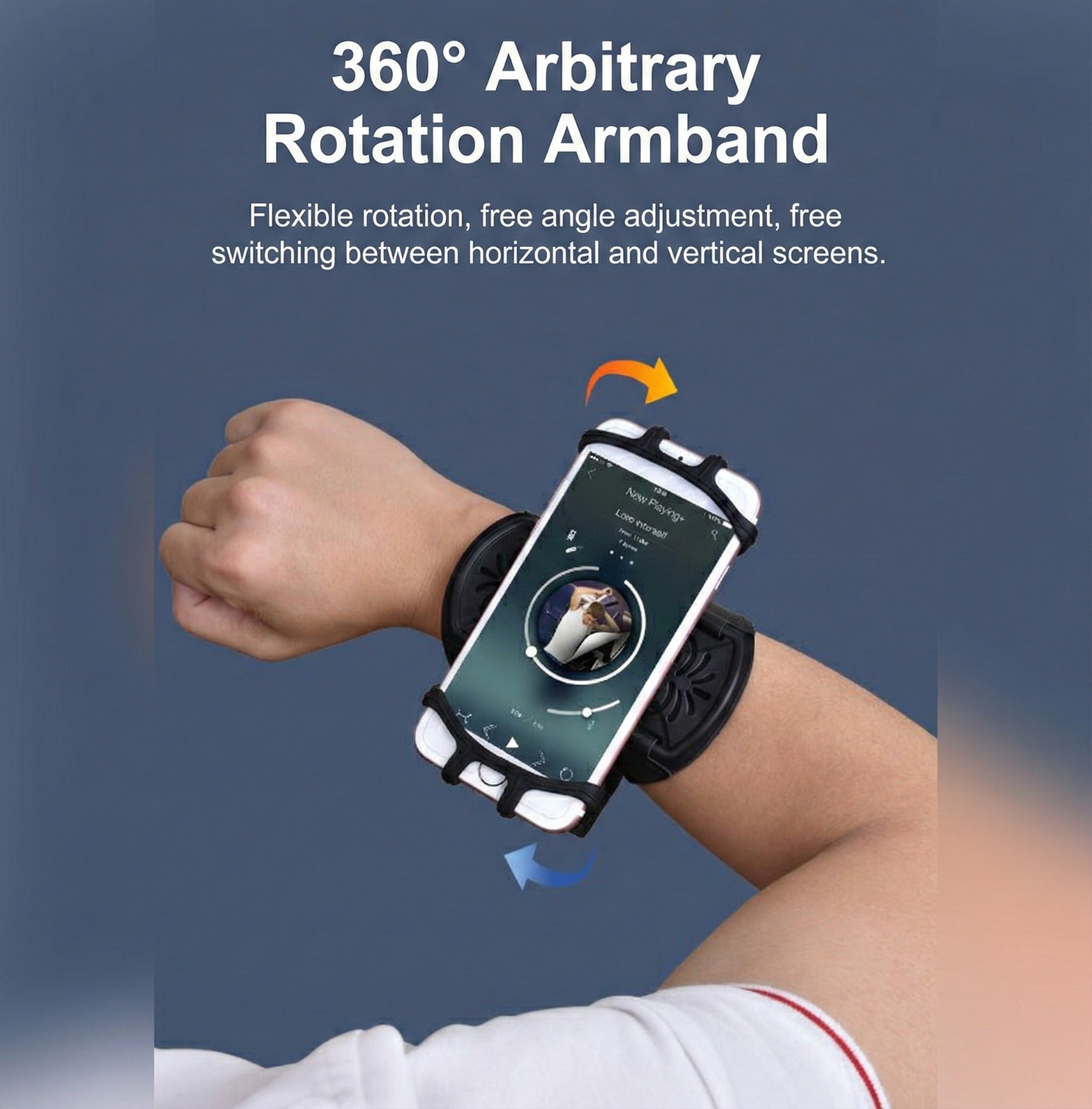 A person is wearing a sports armband phone holder on their arm while attaching the phone on the mount