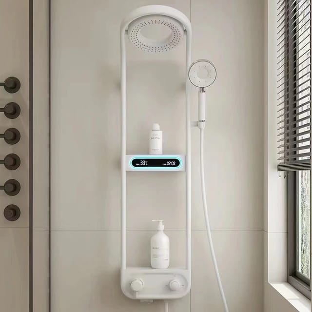 Thermostatic Shower Panel, Rain Shower Faucet Set, Digital display Bathroom Shower with Storage Rack Thermostatic Shower Panel, Rain Shower Faucet Set, Digital display Bathroom Shower with Storage Rack