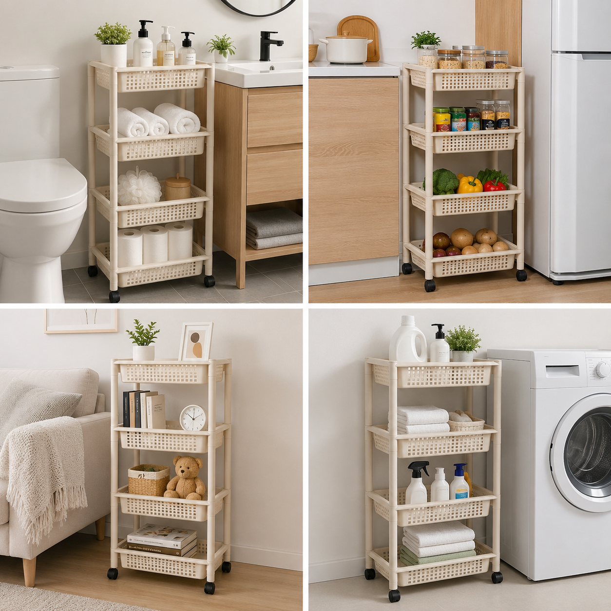 A 4-panel collage showing a beige rolling storage cart in different home environments: next to a bathroom sink, beside a refrigerator, next to a bed, and beside a washing machine. The cart has five tiers with a woven basket-style front and open shelves, fitted with towels, toiletries, and groceries on black wheels.