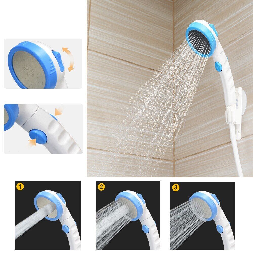 Collage image displaying the closeup of switch buttons in Portable Outdoor Shower Set and 4 different modes of spraying water 