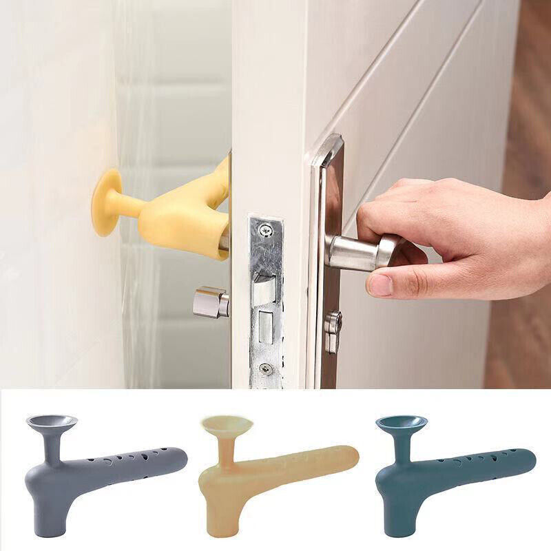 Collage image displaying a person holding a door knob which the other side of it is protected using Silicone Door Knob Cover and the other side of the image showcasing all 3 color variants of it
