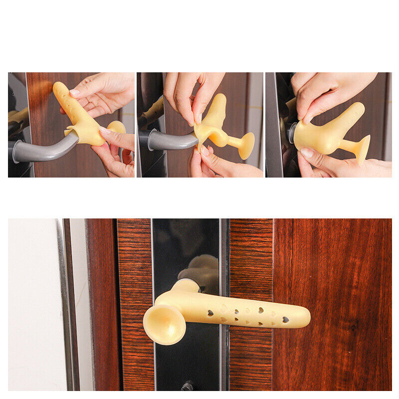 Collage image showing the steps of installing Silicone Door Knob Cover on a door knob and on the other side of picture shows a complete view after installing it 