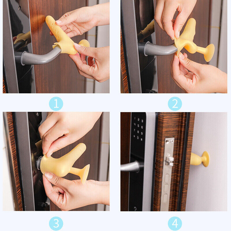 Collage image showing the steps of installing Silicone Door Knob Cover on a door knob and it shows the view of the suction portion touches the wall