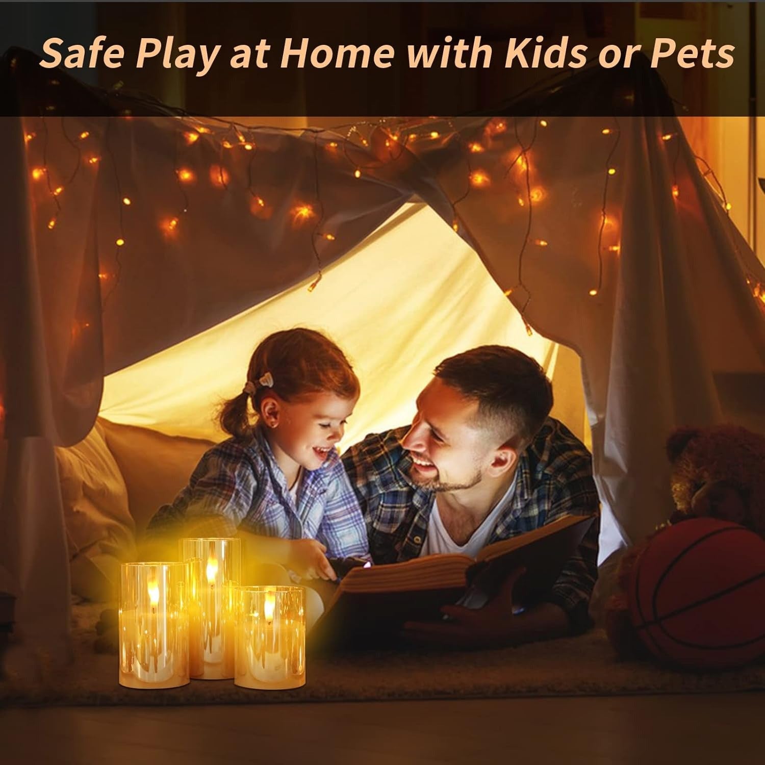 a father enjoying time with his daughter beside 3pcs Flameless Candle with Remote- safe in home with kids or pet