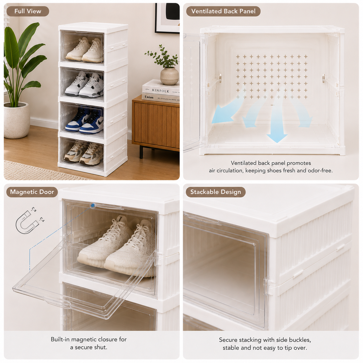 Collage of a shoe storage cabinet with features highlighted