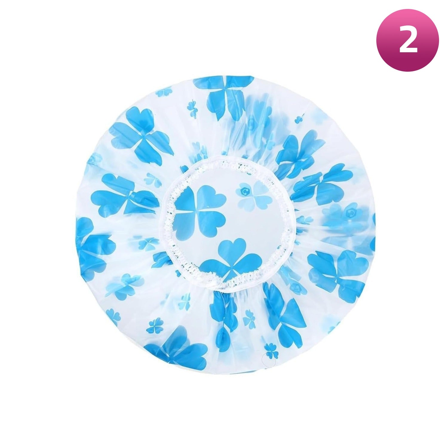 Blue butterfly-patterned shower cap on a white background