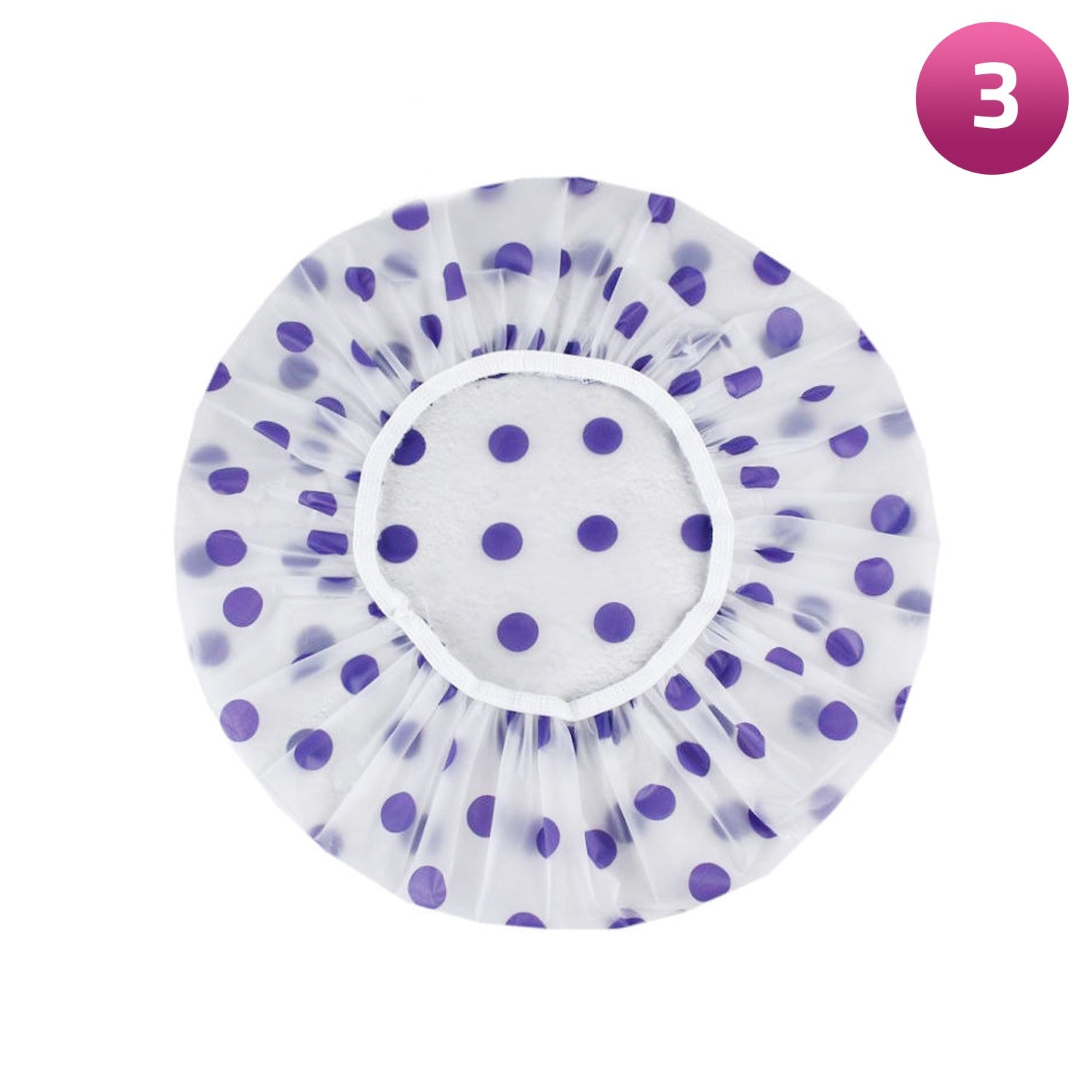 Purple polka dot shower cap on a white background