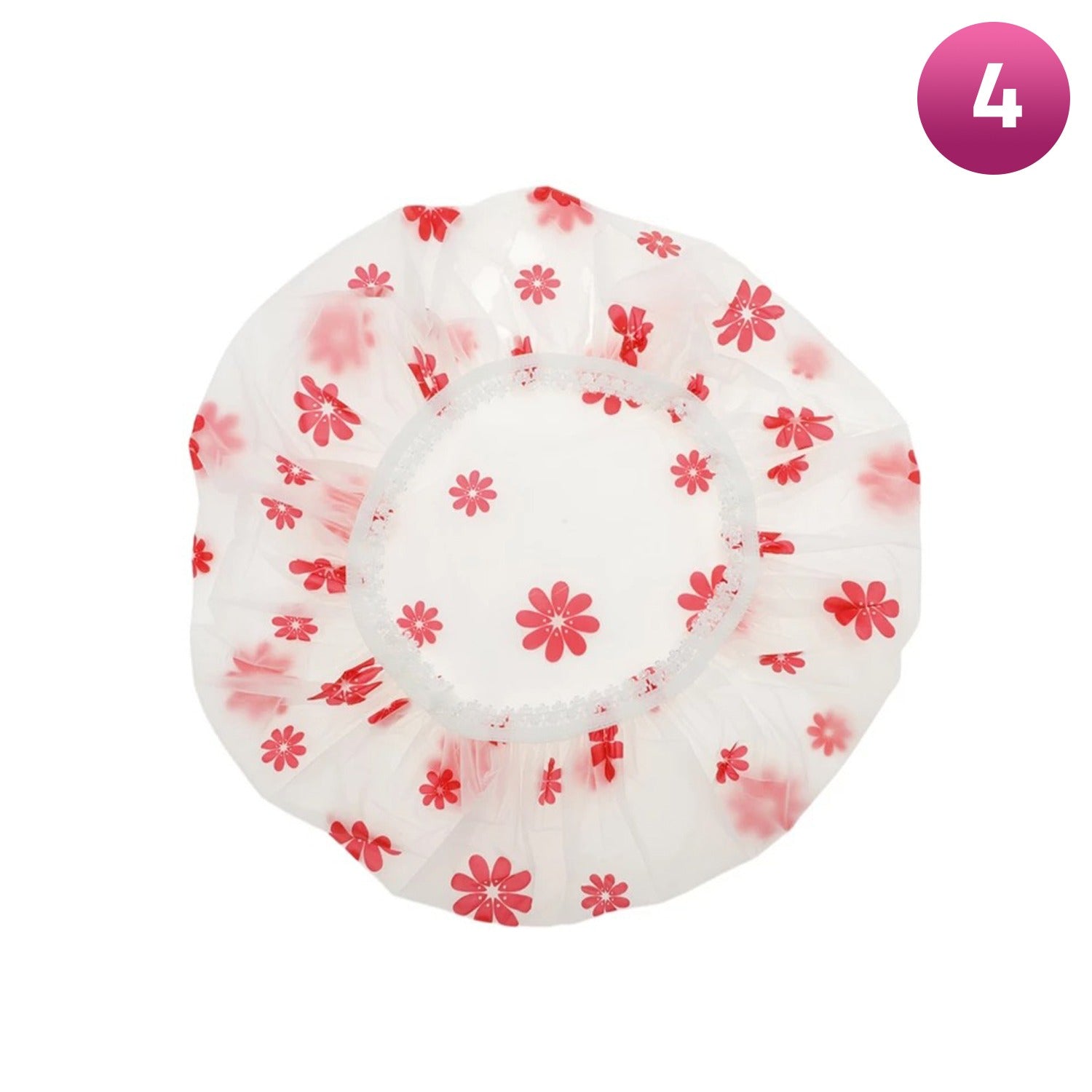 White shower cap with red floral patterns on a white background