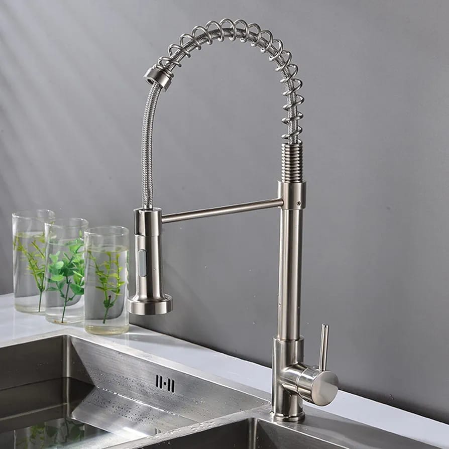 Silver Kitchen Faucet with Pull Down Sprayer.