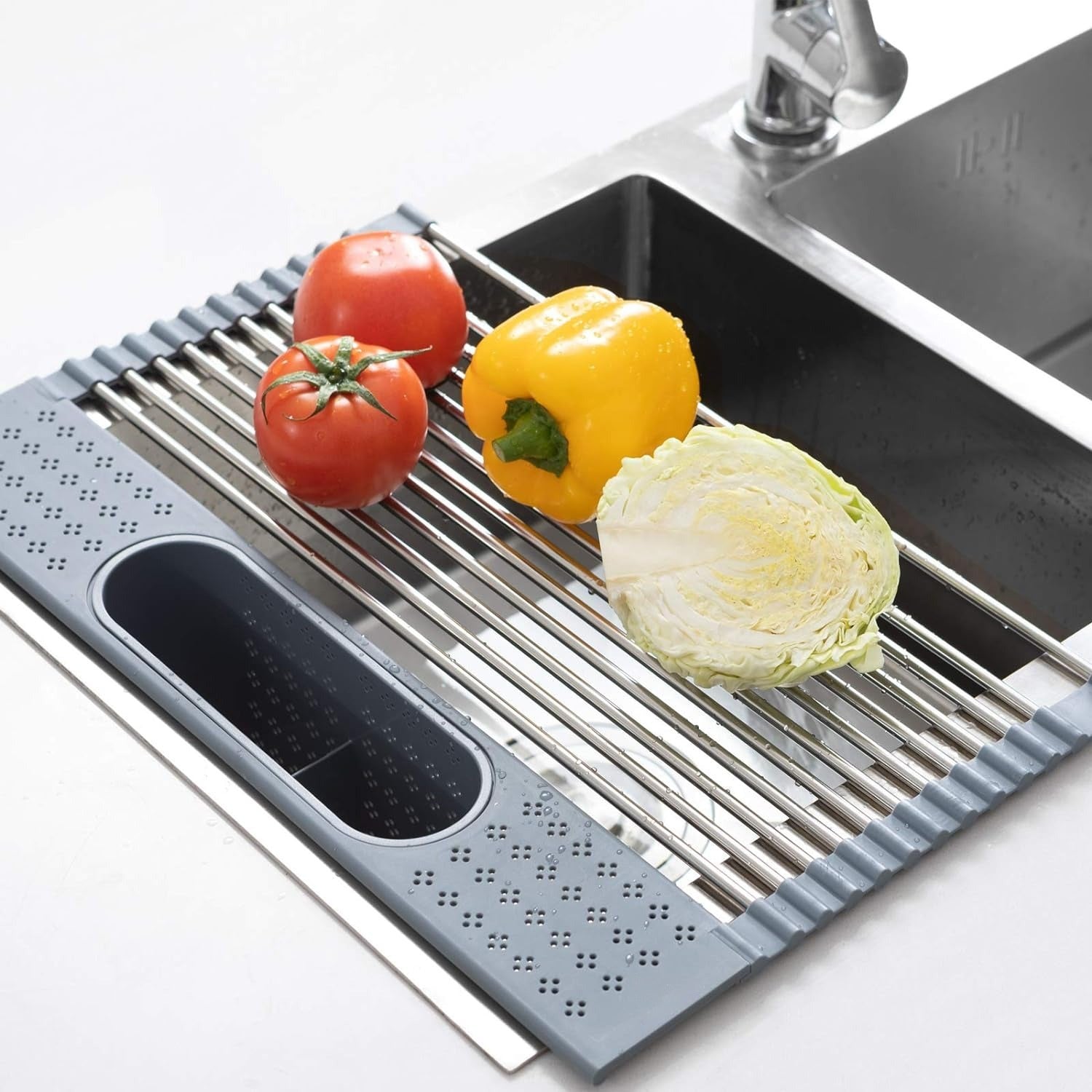 Roll-Up Dish Drying Rack - Over The Sink, 17.8x17 Inches, Stainless Steel, Foldable