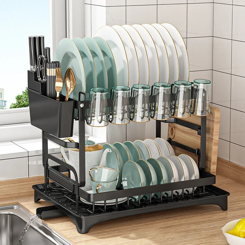2 Tier Dish Drying Rack with Cutlery Holder, Cup Rack, Drainboard