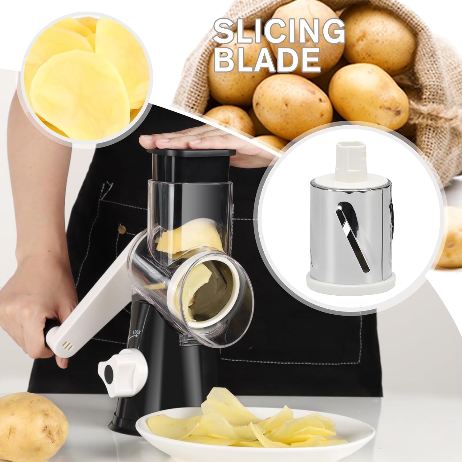 sombody is slicing potato with Cutting Shredder 