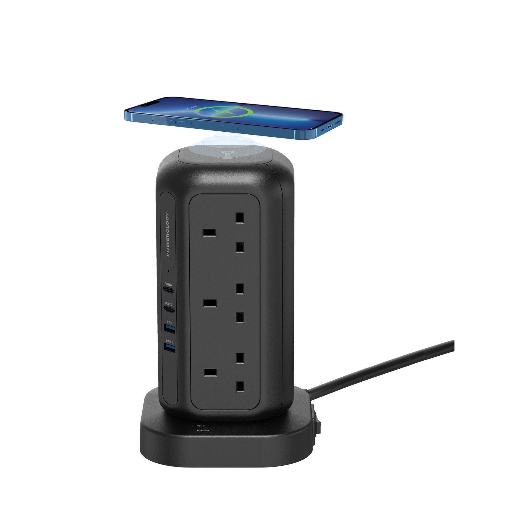 Powerology 12 Socket Multi-Port Tower Hub on the top, featuring a mobile phone