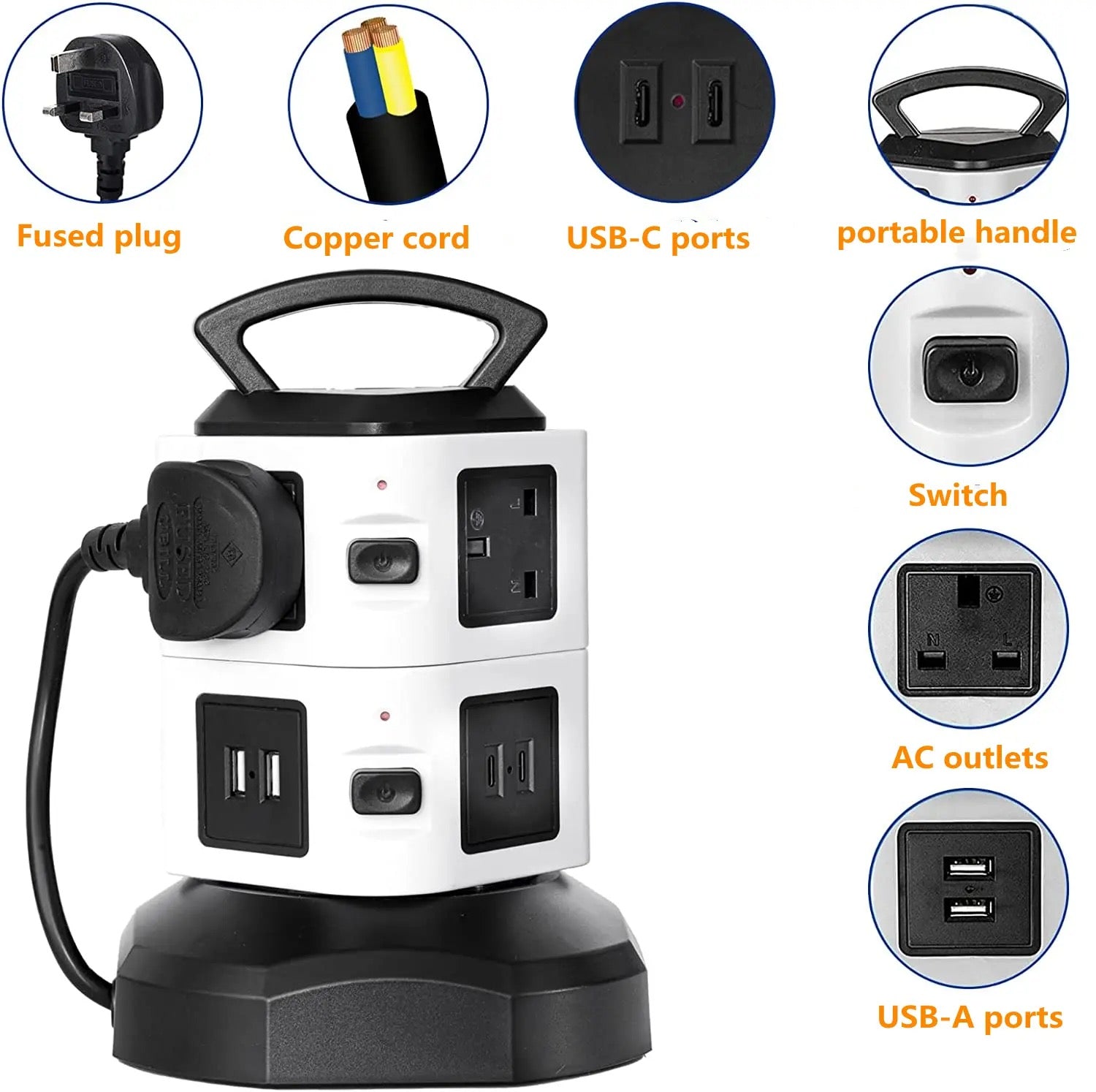 Vertical Socket Power Strip Surge Protector Extension with USB Ports