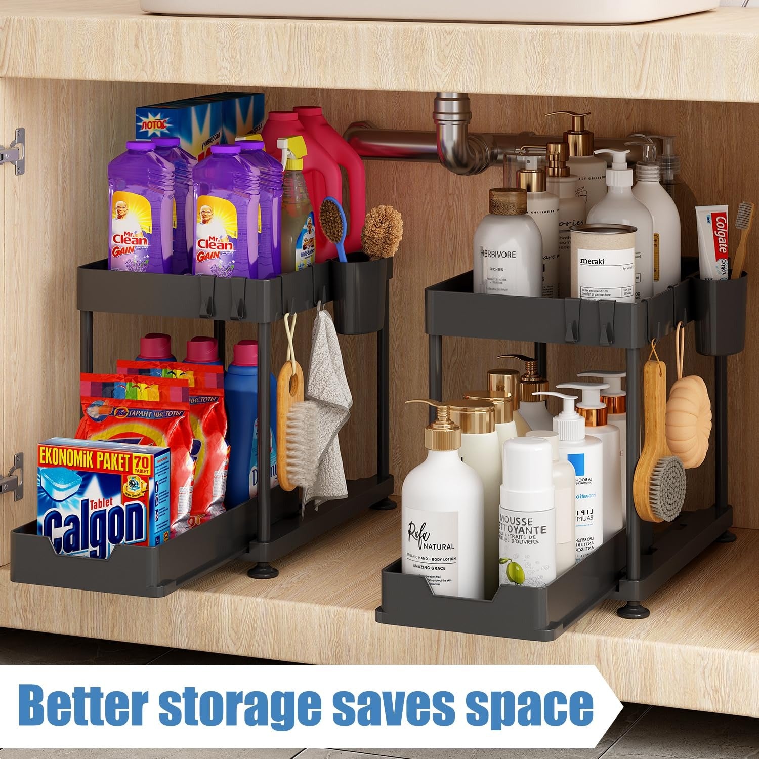 better storage saving space with 2 Tier Under Sink Organizer
