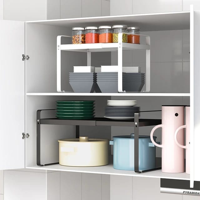 Spices and Dishes are organized in a Retractable Countertop Storage.
