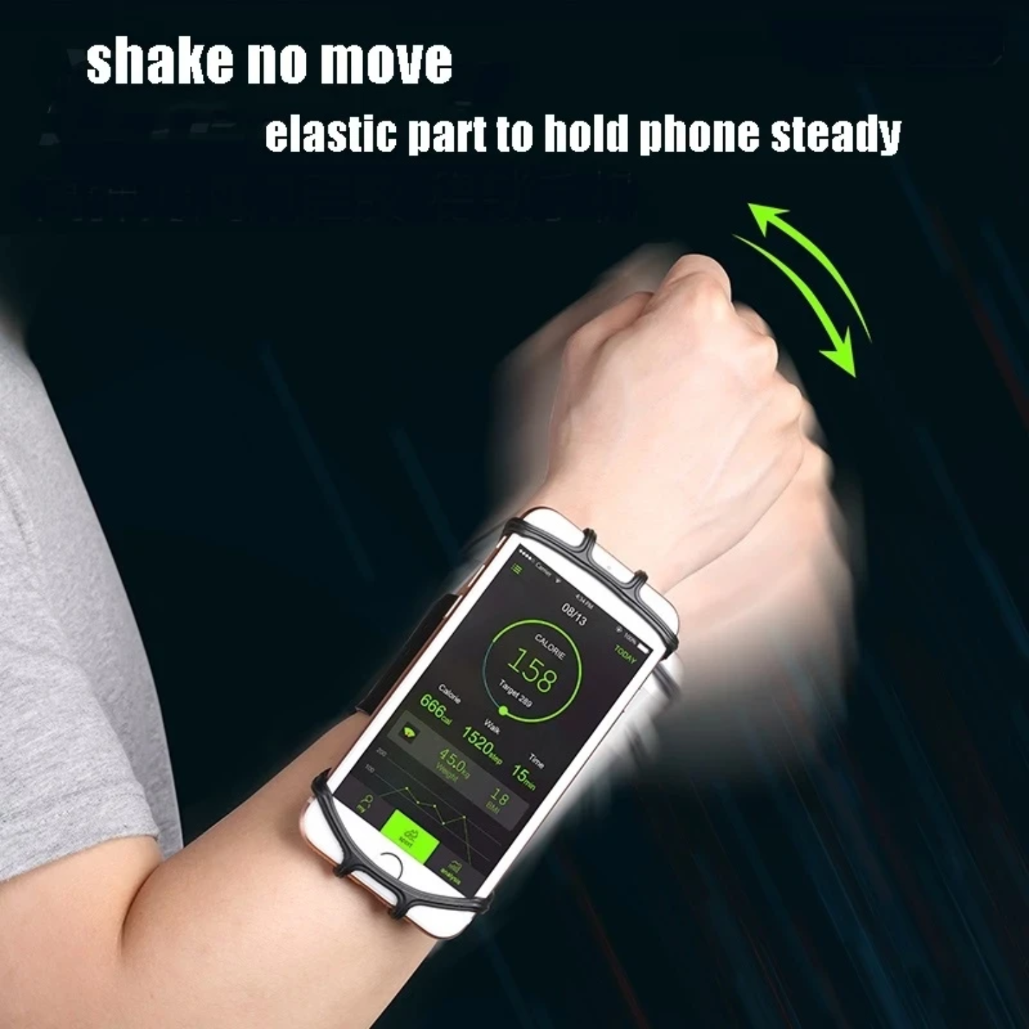 A person is wearing a sports armband phone holder with a mobile phone attached on it.