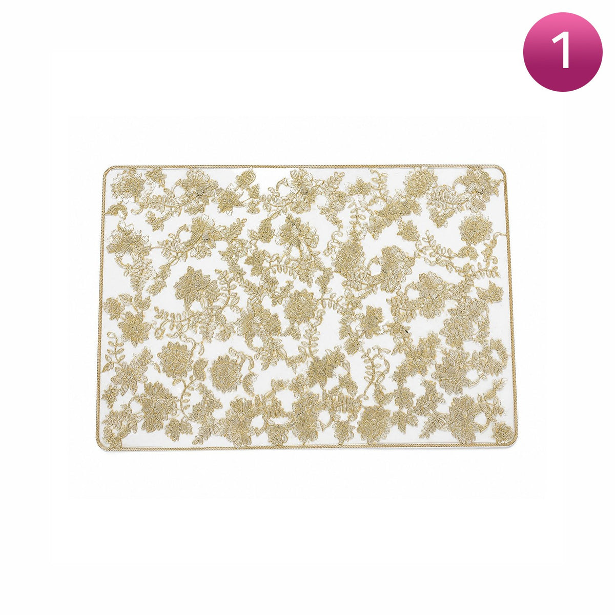 Decorative placemat with gold floral pattern on a white background