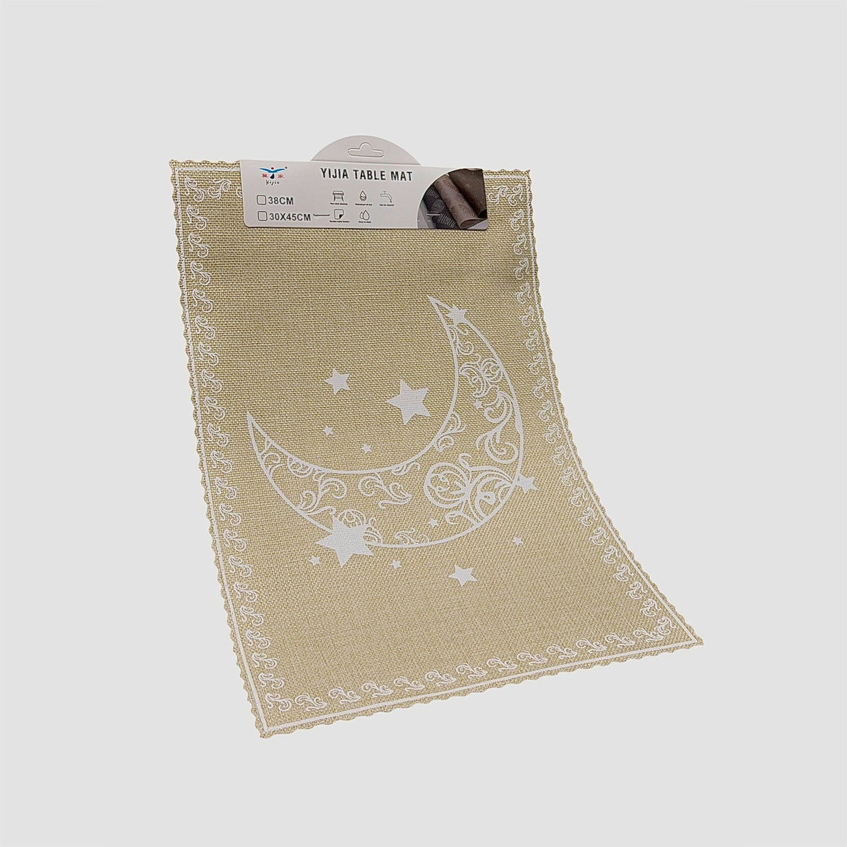 Beige table mat with star and moon design on a white background