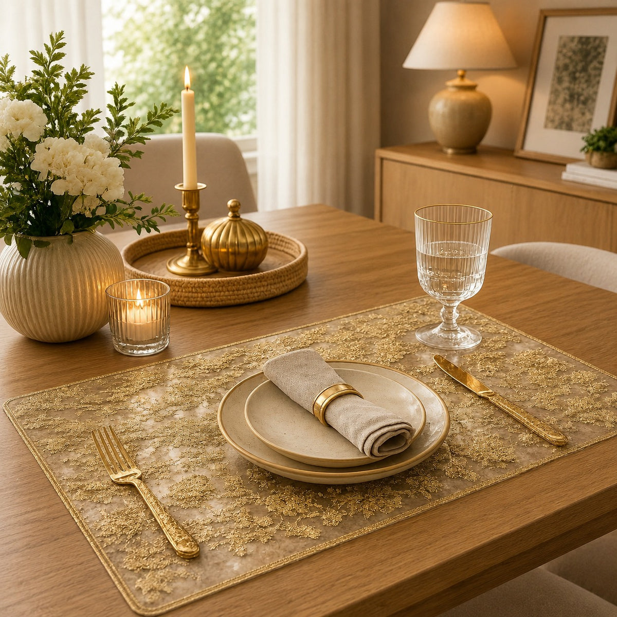 Dining table setting with gold placemat, plates, and cutlery in a cozy room.