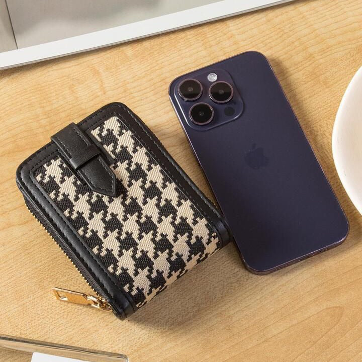 Checkered Houndstooth Canvas Wallet is kept beside an iphone