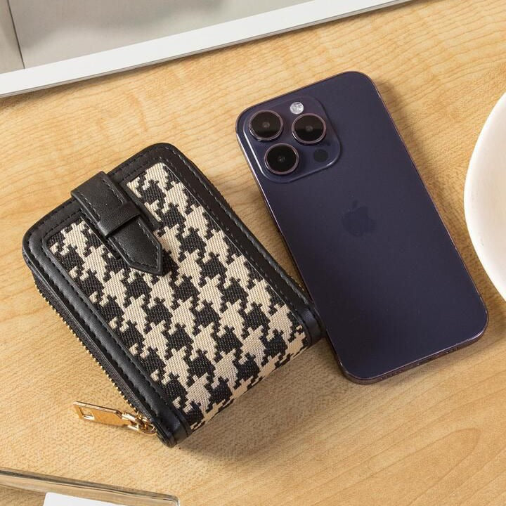 Unisex Checkered Houndstooth Canvas Wallet, Card Holder Purse Slots with Zip Lock Unisex Checkered Houndstooth Canvas Wallet, Card Holder Purse Slots with Zip Lock