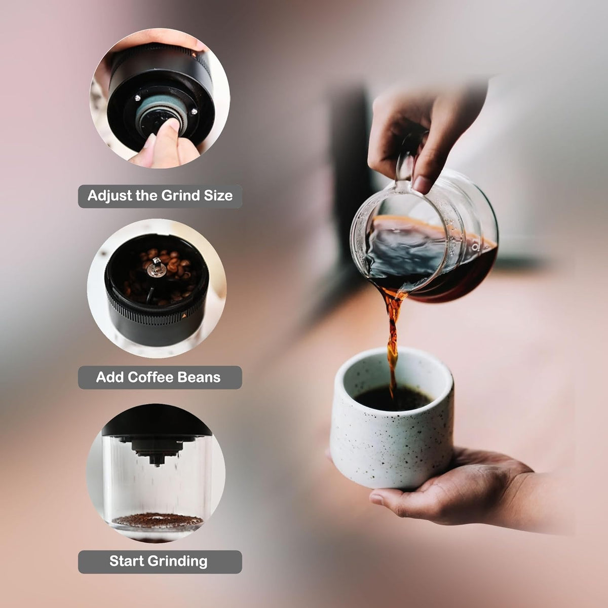 steps on how to grind coffee beans in Macnoa Coffee Grinder 
