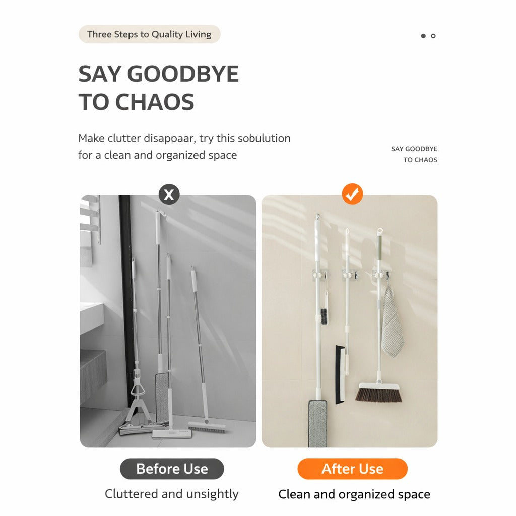 A before-and-after comparison showing cleaning tools scattered on the floor versus neatly organized on a wall-mounted holder, highlighting a cleaner, clutter-free space.