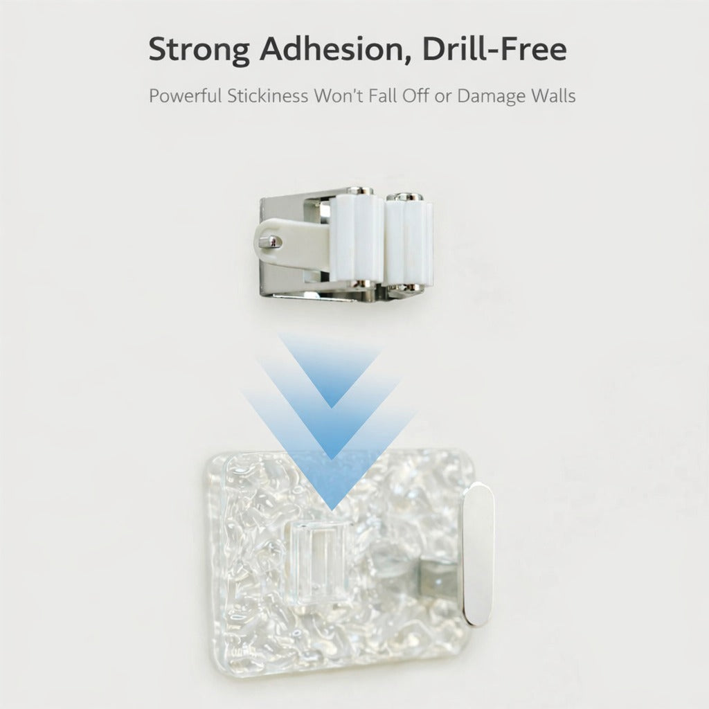 A wall-mounted mop and broom holder with a roller clamp design, featuring strong adhesive backing and an extra hook for hanging accessories, ensuring a secure, non-slip grip without damaging surfaces.