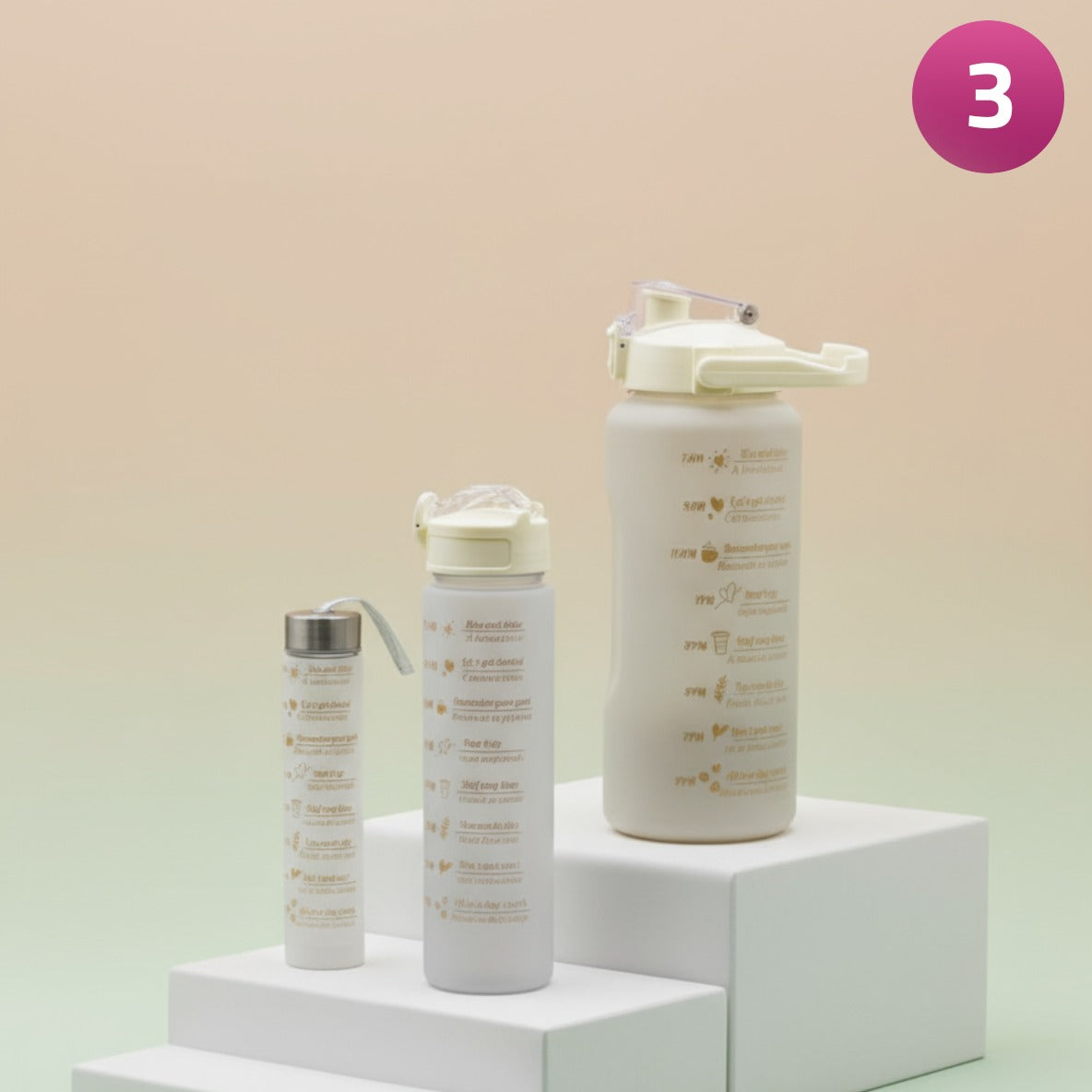 3 pcs white water bottle set placed on a podium
