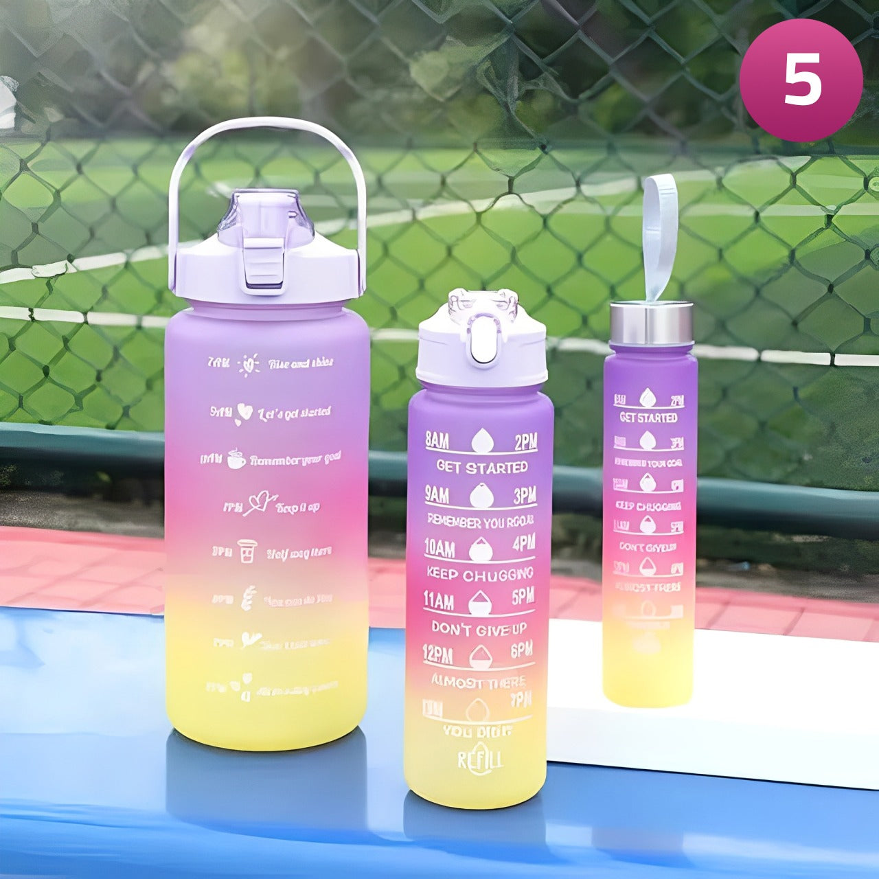 3 pcs Multi-color water bottle set placed on the floor 