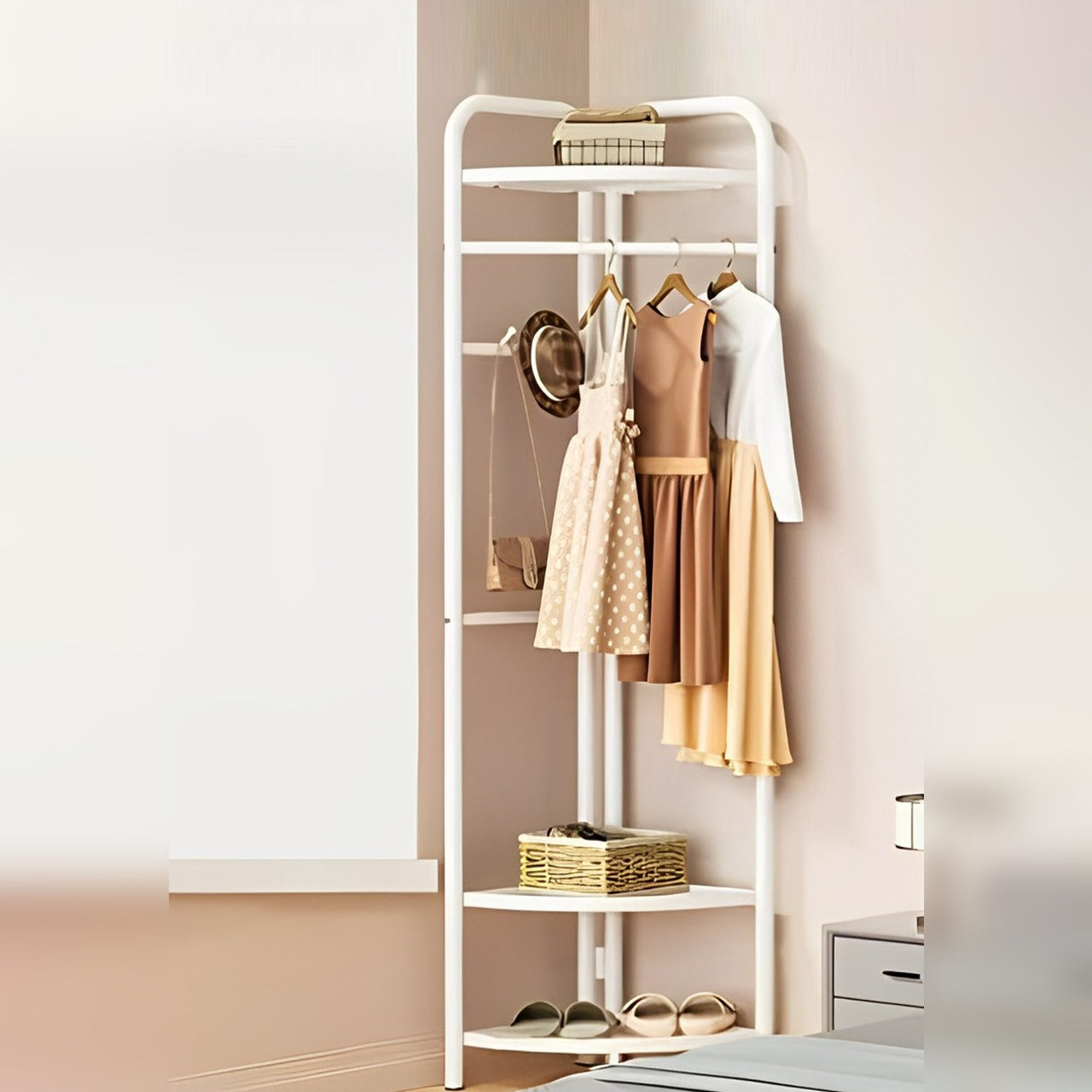 Garment Clothing Rack with Bottom Storage- Multi-purpose Cloth Hanger for Hand-bags, Hats, Scarf and Storage for Shoes