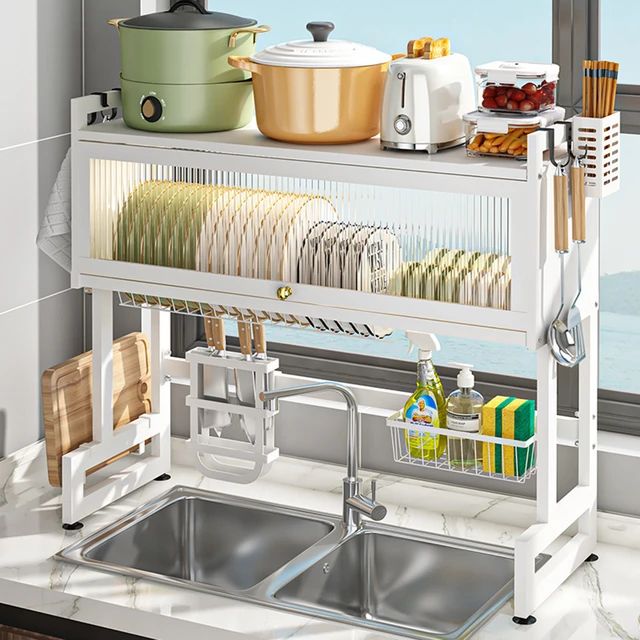 white sink dish drying rack