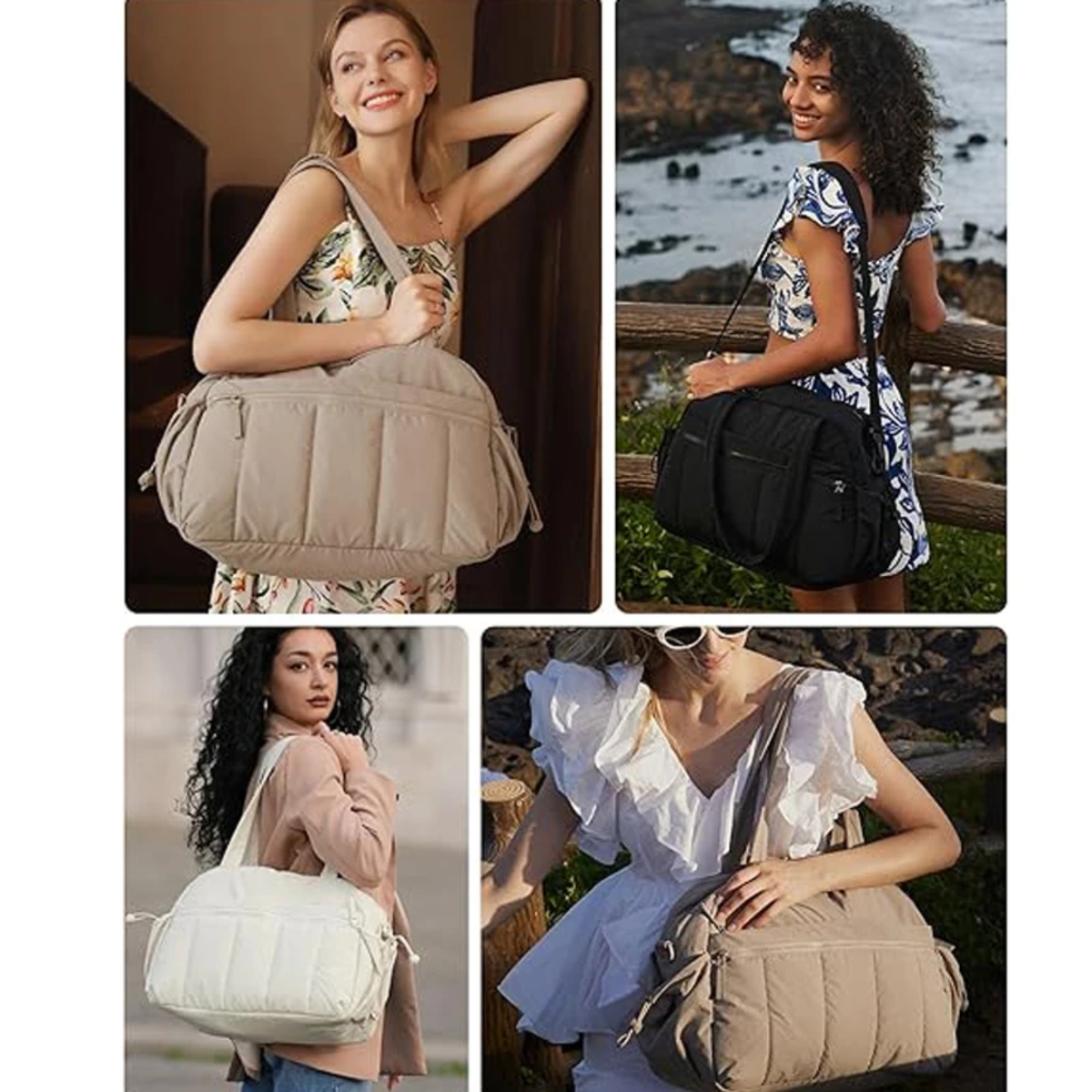 Collage showing women carrying a women travel duffle bag in different colors including beige, black, white, and khaki, styled as a multi-pocket gym bag for travel, sports, and everyday use.