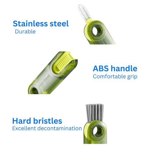 Different features of the 3-in-1 Cup Lid Gap Cleaning Detail Brush Set