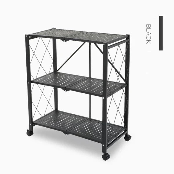 Multi Tier Foldable Storage Rack with Movable Wheel in black color