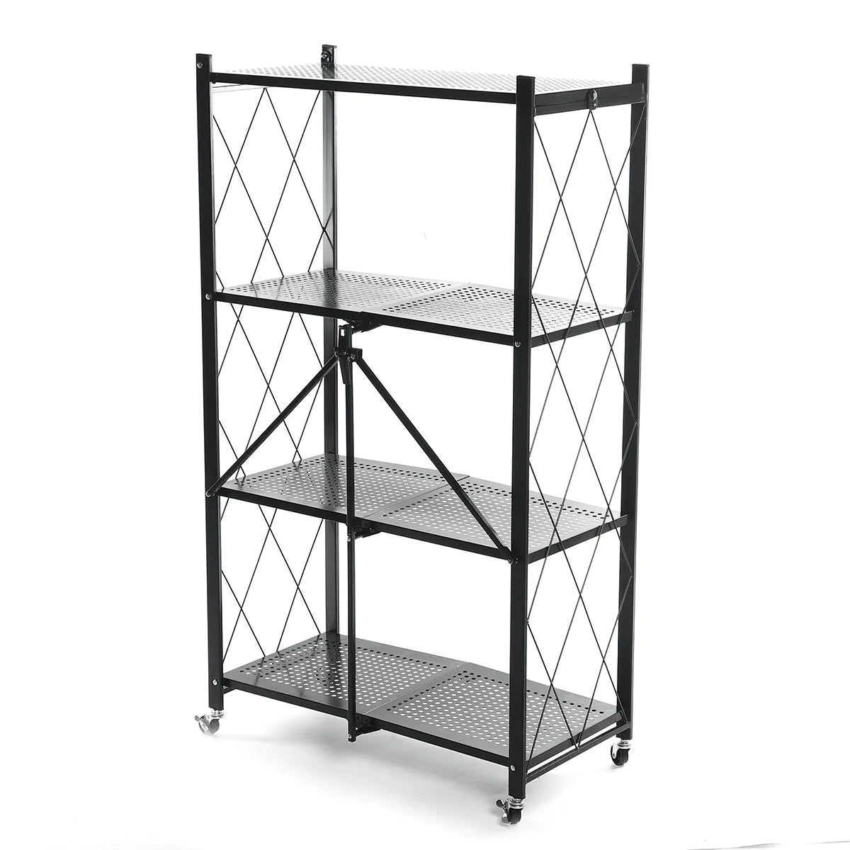 Multi Tier Foldable Storage Rack with Movable Wheel in black color