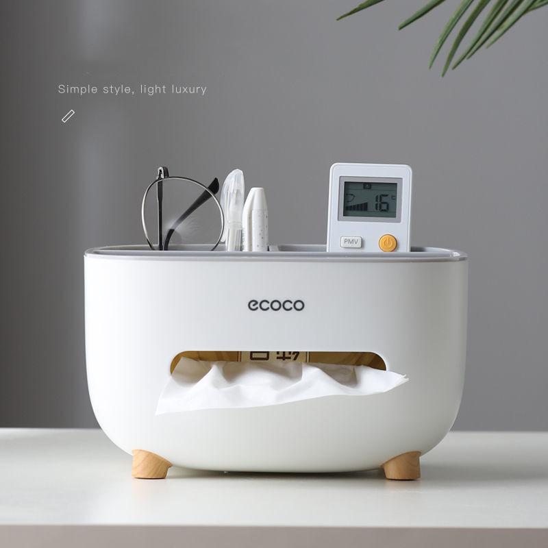 Remote, Specs, Pen and A tissue placed together inside a Tissue Organizer Box with Remote Control Storage