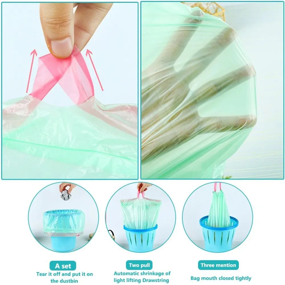 Visual instructions on how to use a drawstring garbage bag