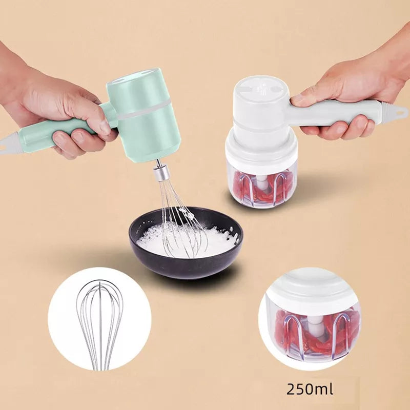 3in1 Wireless USB Garlic Chopper Egg Beater 3-Speed Control Waterproof with 2 Mixing Rods