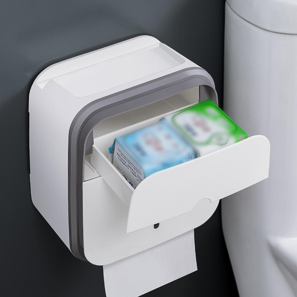 3in1 Toilet Paper Holder Punch Free Wall Mount Tissue Box