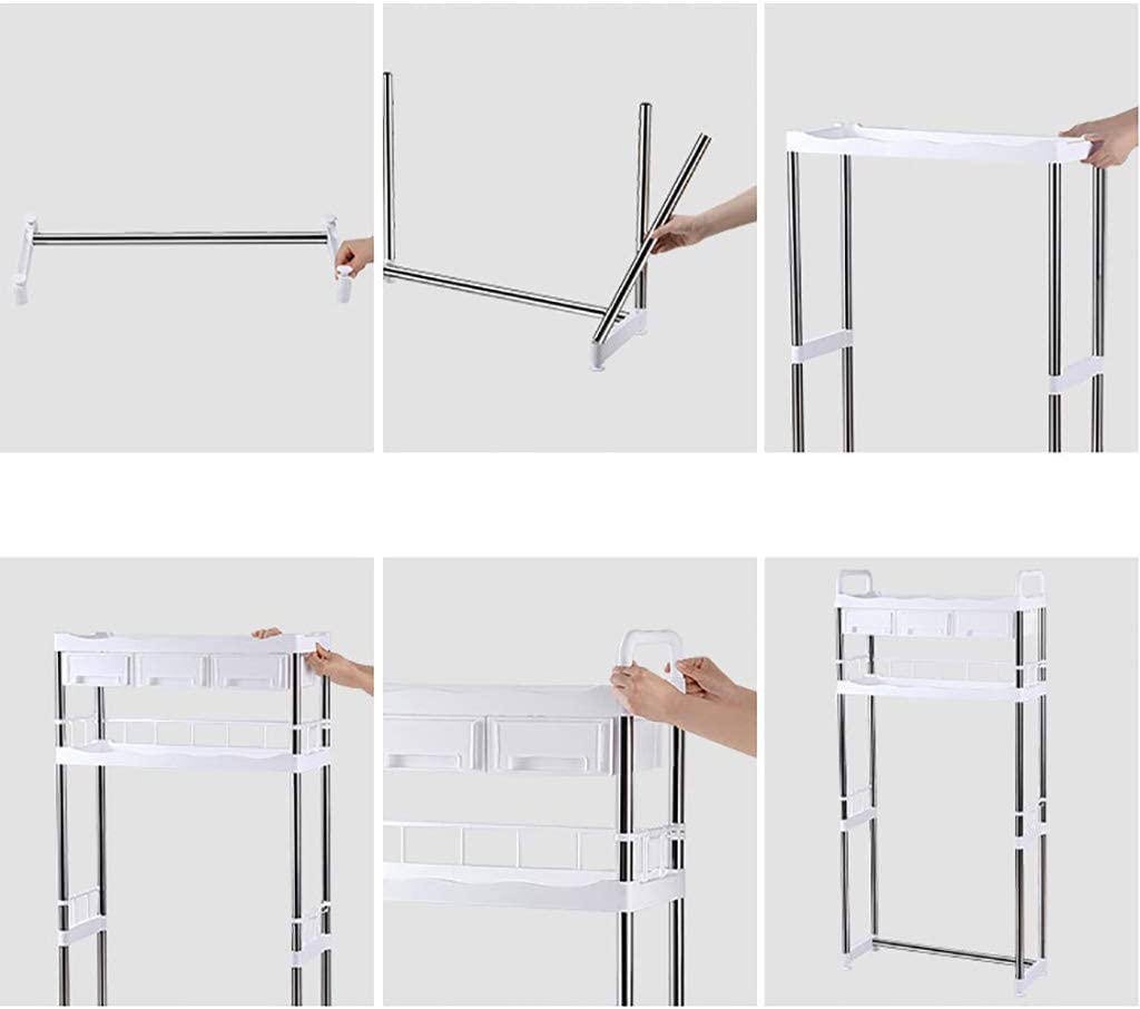 Visual instructions on how to install a 2-tier toilet storage rack with shelf