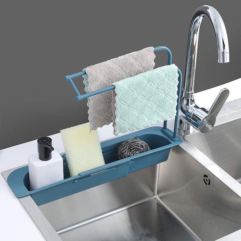 Telescopic Sink Holder Rack Expandable Storage with items