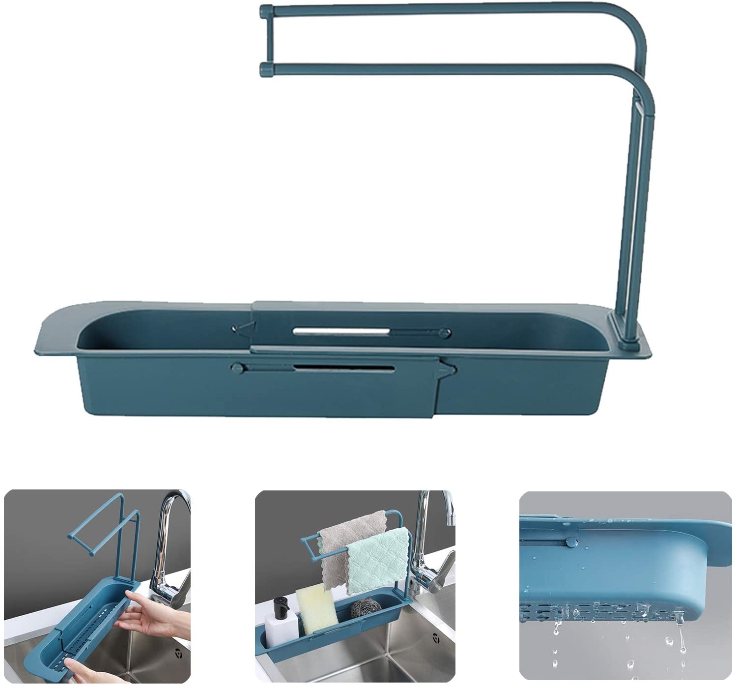 Different sides of Telescopic Sink Holder Rack Expandable Storage