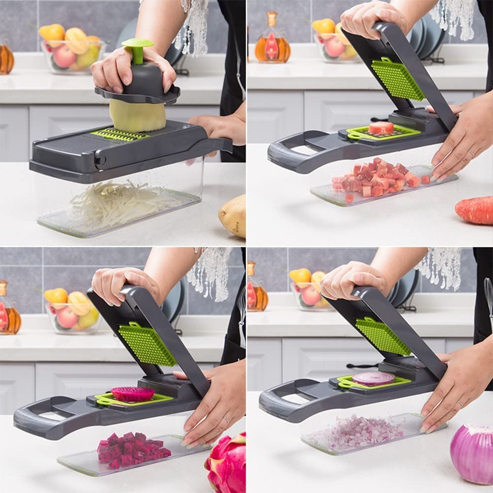 Someone is using a 12-in-1 Multifunctional Kitchen Vegetable Slicer Dicer with an Adjustable Mandolin Chopper