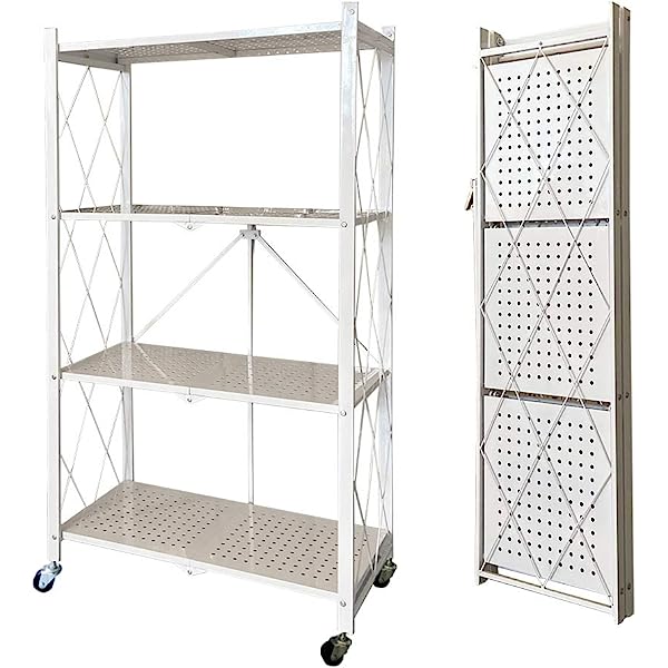 Multi Tier Foldable Storage Rack with Movable Wheel in white color