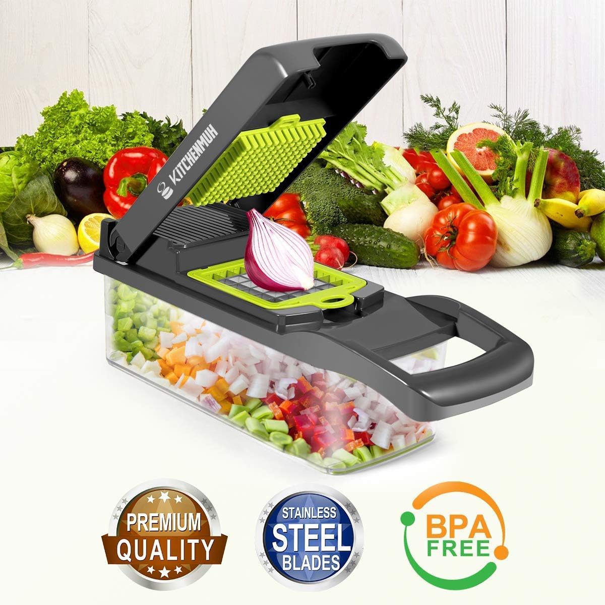 A 12in1 Multifunctional Kitchen Vegetable Slicer Dicer Adjustable Mandolin Chopper is placed next to some vegetables
